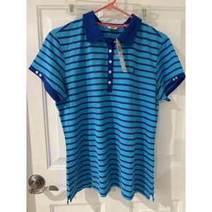 Women's IZOD Golf Polo Shirt Striped Blue Short Sleeve‎ Collared Top L/G